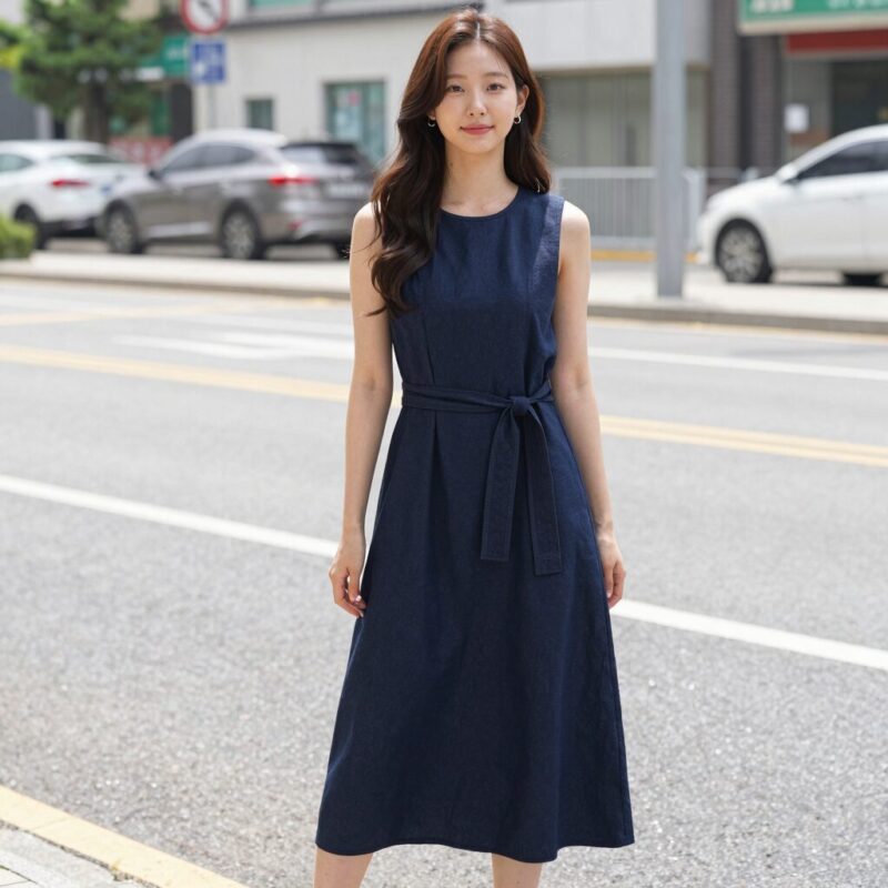 루즈핏 나시 롱 원피스를 허리 벨트로 스타일링한 모습, 시원한 여름 바캉스룩