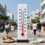 삼복 더위의 뜻과 더위 먹지 않는 생활 수칙 뜨거운 여름 태양 아래 삼복더위를 상징하는 온도계와 계절 음식