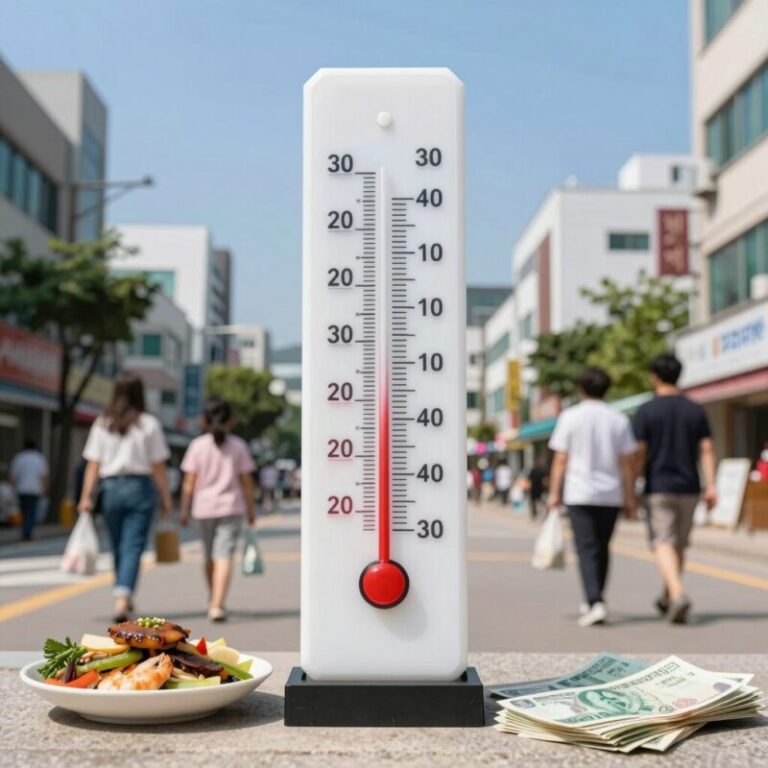뜨거운 여름 태양 아래 삼복더위를 상징하는 온도계와 계절 음식