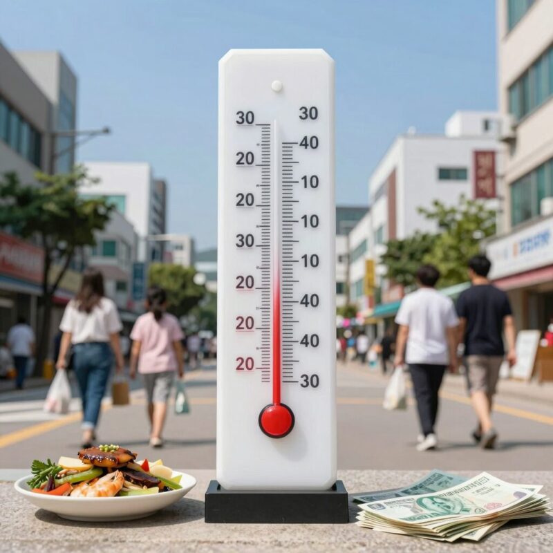 삼복 더위의 뜻과 더위 먹지 않는 생활 수칙 1 뜨거운 여름 태양 아래 삼복더위를 상징하는 온도계와 계절 음식