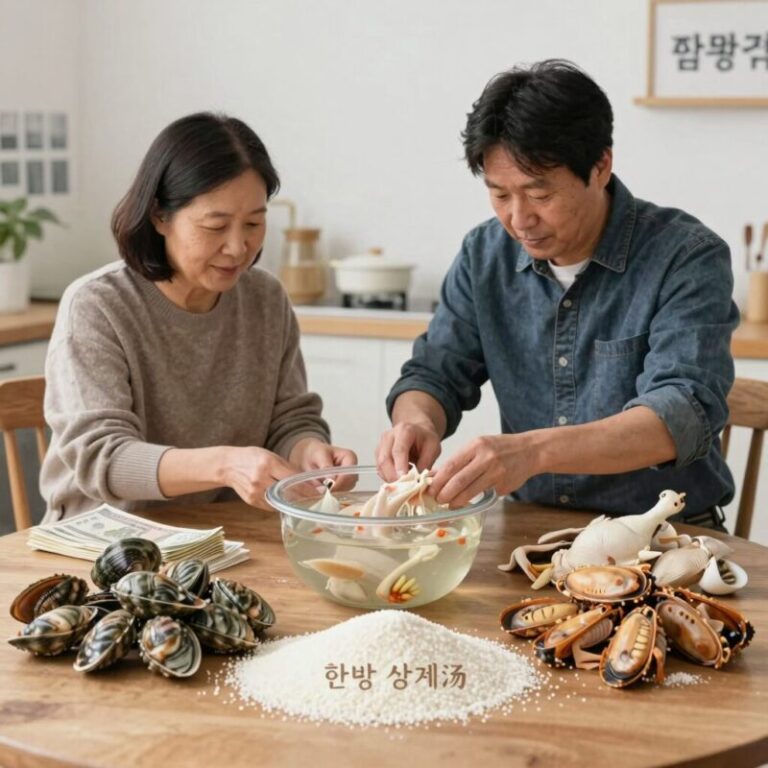 한방 삼계탕 재료팩과 닭, 전복, 찹쌀 등 재료가 깔끔하게 준비된 모습