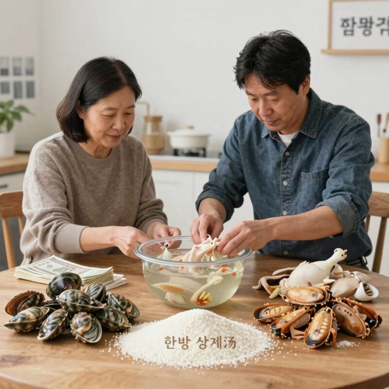 삼계탕팩 활용법과 보양식 완성 1 한방 삼계탕 재료팩과 닭, 전복, 찹쌀 등 재료가 깔끔하게 준비된 모습