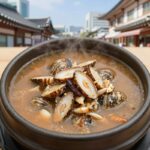 전국 삼계탕 맛집 4곳 비교 뚝배기에 담긴 능이전복삼계탕, 국물이 진하고 전복과 능이버섯이 보인다