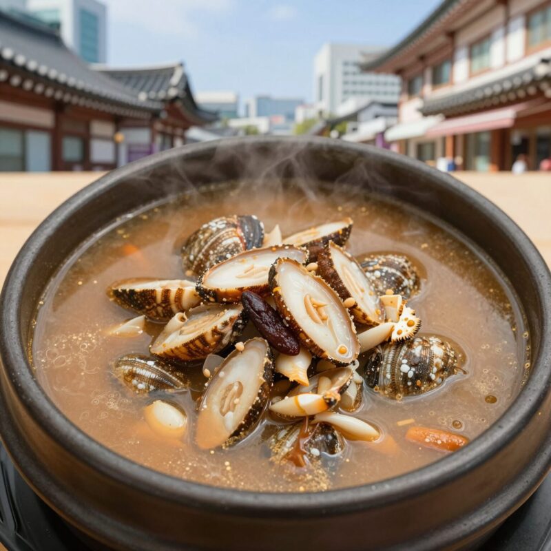 뚝배기에 담긴 능이전복삼계탕, 국물이 진하고 전복과 능이버섯이 보인다