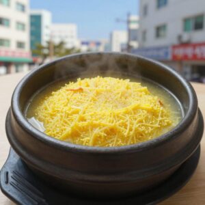 압력솥에서 갓 조리된 삼계탕과 노릇한 찹쌀누룽지 사진