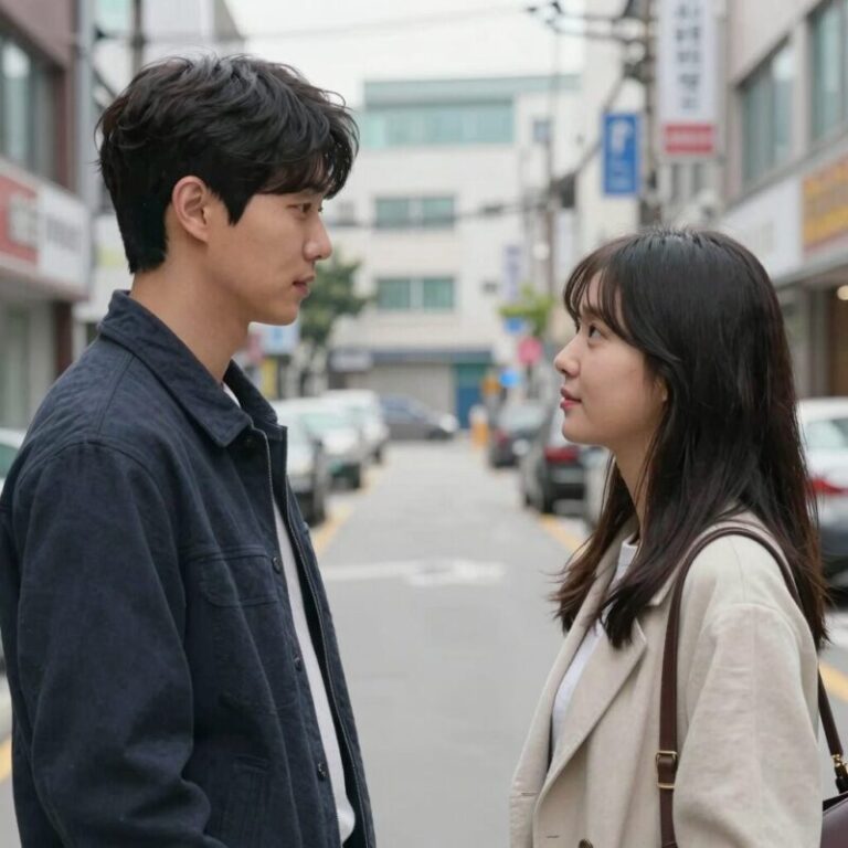 어두운 분위기 속에서 서로를 바라보는 남녀 배우의 모습, 오싹한 연애 드라마의 대표적인 장면