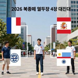 2026 북중미 월드컵 4강 대진표 이미지로 프랑스, 스페인, 잉글랜드, 아르헨티나의 로고와 대진이 표시되어 있다.