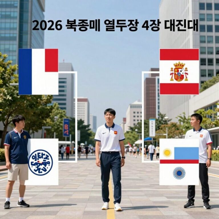 2026 북중미 월드컵 4강 대진표 이미지로 프랑스, 스페인, 잉글랜드, 아르헨티나의 로고와 대진이 표시되어 있다.
