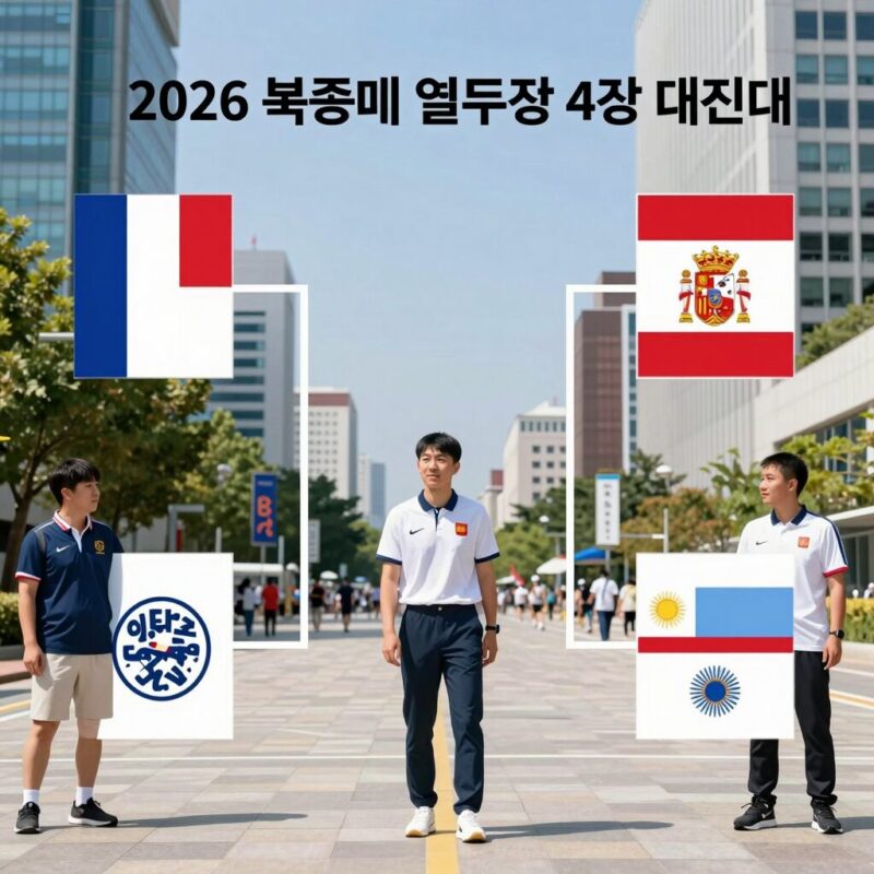 2026 북중미 월드컵 4강 대진 확정 분석 1 2026 북중미 월드컵 4강 대진표 이미지로 프랑스, 스페인, 잉글랜드, 아르헨티나의 로고와 대진이 표시되어 있다.