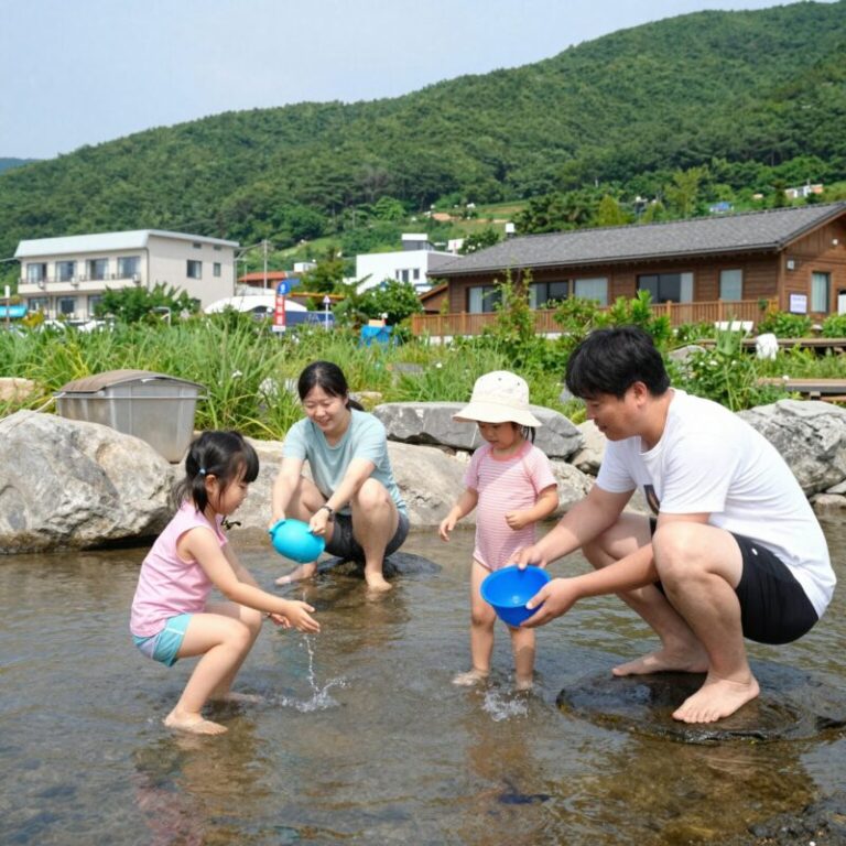 성주 포천계곡 펜션 평상에서 물놀이하는 가족 모습