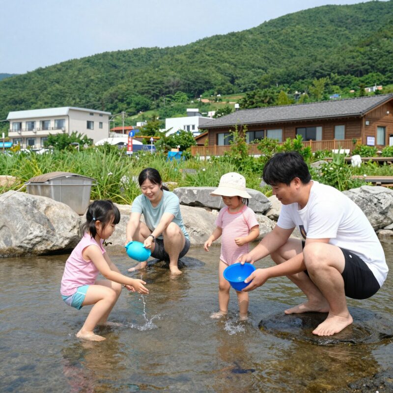 성주 포천계곡 펜션 평상에서 물놀이하는 가족 모습