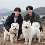 산골총각 영웅 시월이 반려견의 모든 것 임영웅과 반려견 시월이가 산골에서 함께 있는 모습, 시월이는 꼬똥 드 툴레아로 흰 털이 돋보인다