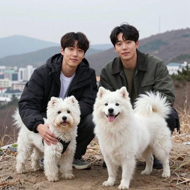 산골총각 영웅 시월이 반려견의 모든 것 1 임영웅과 반려견 시월이가 산골에서 함께 있는 모습, 시월이는 꼬똥 드 툴레아로 흰 털이 돋보인다
