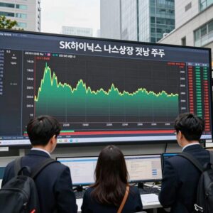 SK하이닉스 나스닥 상장 첫날 장중 주가 흐름 차트와 거래량 데이터를 보여주는 이미지