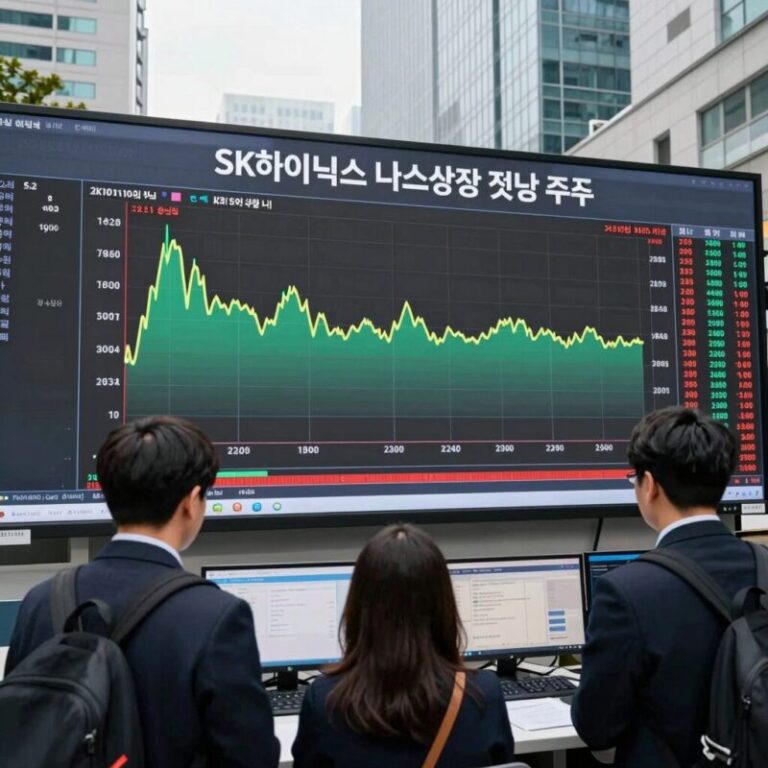SK하이닉스 나스닥 상장 첫날 장중 주가 흐름 차트와 거래량 데이터를 보여주는 이미지