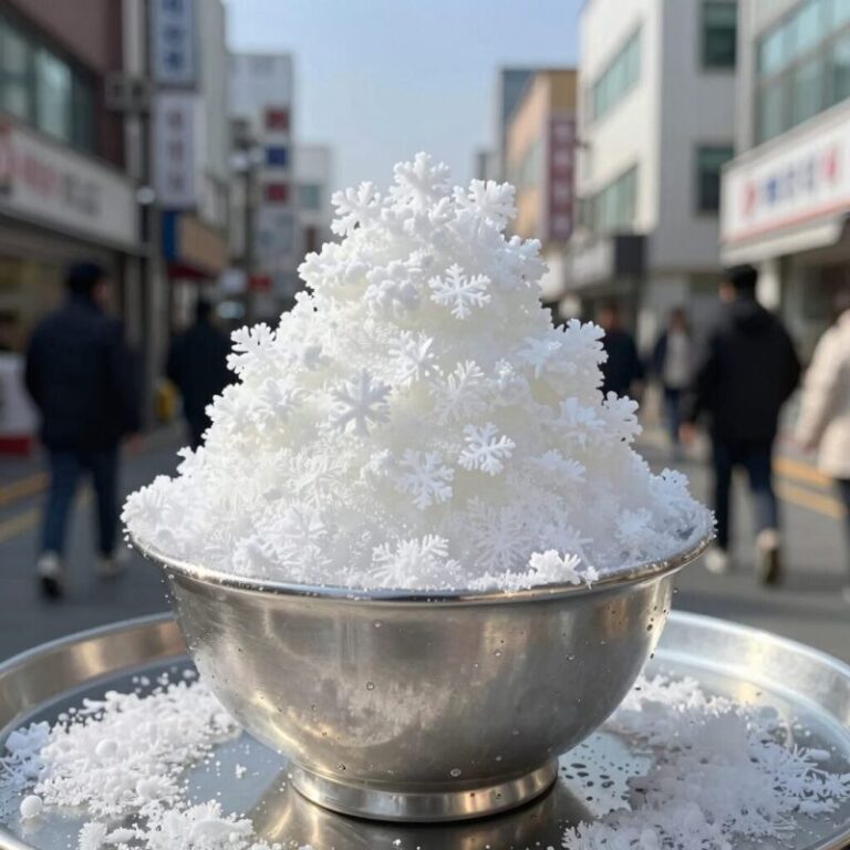 매장에서 사용 중인 눈꽃빙수기와 완성된 눈꽃빙수 사진. 부드러운 눈꽃 빙질이 돋보인다.