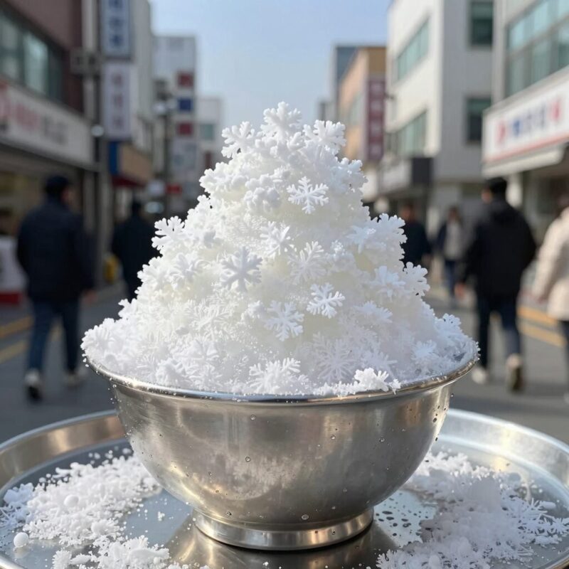 매장에서 사용 중인 눈꽃빙수기와 완성된 눈꽃빙수 사진. 부드러운 눈꽃 빙질이 돋보인다.