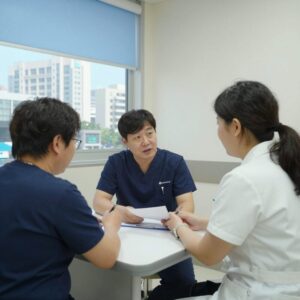 송도정형외과 양재호 원장이 환자와 상담하며 진료하는 사진