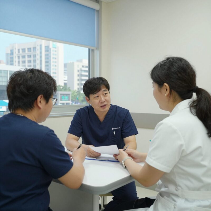 송도정형외과 양재호원장이 전하는 진짜 척추치료 1 송도정형외과 양재호 원장이 환자와 상담하며 진료하는 사진