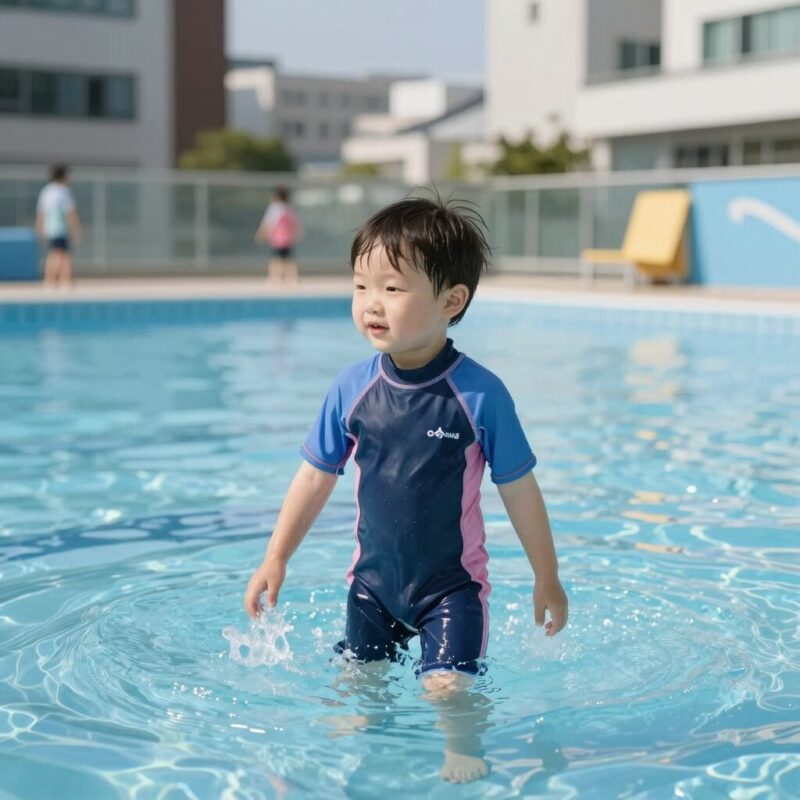 스플래시어바웃 체온보호 수영복 찐후기 1 스플래시어바웃 체온보호 웻슈트를 입은 아기가 물놀이하는 모습