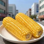 찐옥수수 맛있게 먹는 완벽한 방법 찐 옥수수를 접시에 담아 식혀 놓은 모습, 알맹이가 윤기 나고 쫀득해 보인다