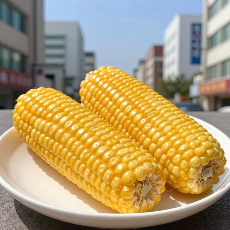 찐 옥수수를 접시에 담아 식혀 놓은 모습, 알맹이가 윤기 나고 쫀득해 보인다