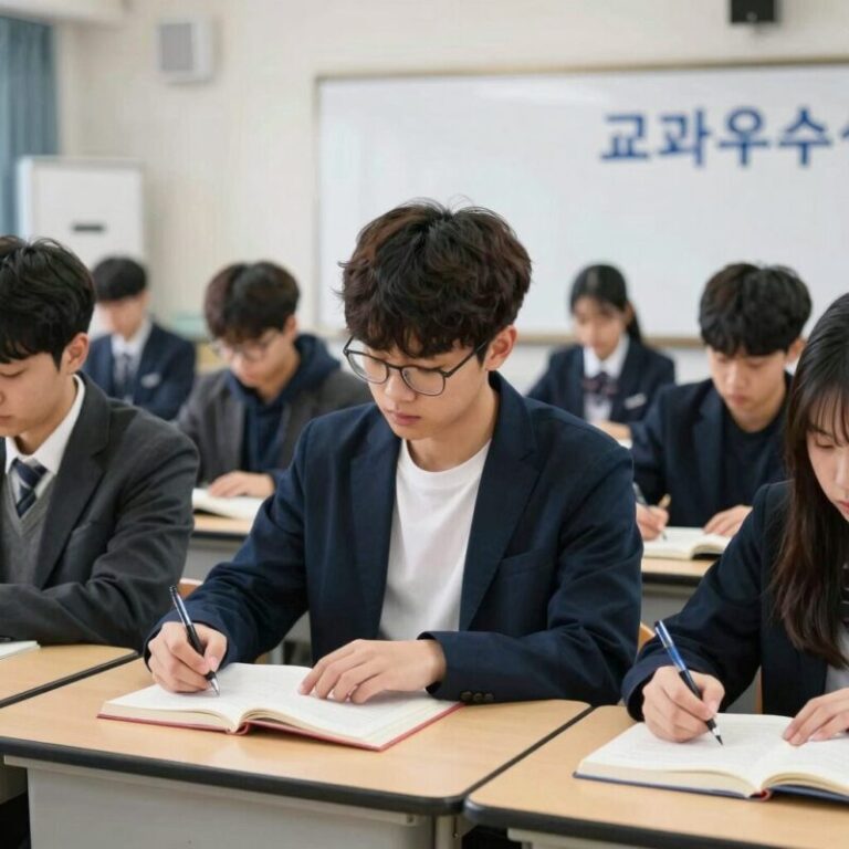 교과우수상 상장과 함께 공부하는 학생의 모습