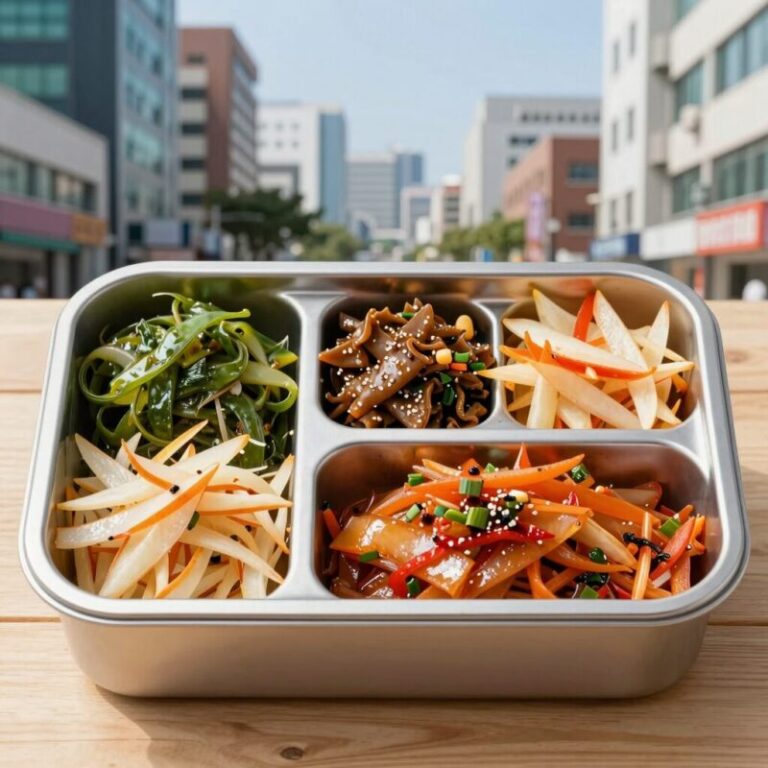 여름 도시락 반찬 오이지무침과 감자채볶음 등 6가지 반찬이 담긴 도시락 상차림
