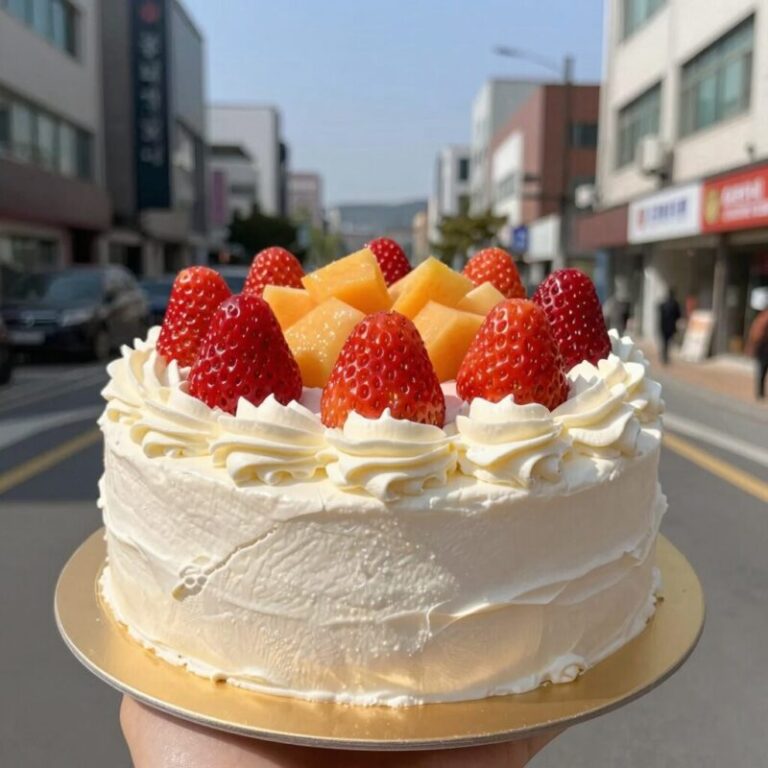 후르츠칵테일이 토핑된 상큼한 생크림 케이크