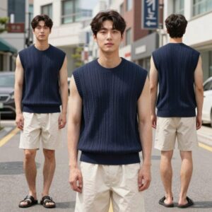 남자 여름 반팔 니트 케이블 카라 코디 네이비 색상 모델 착용샷