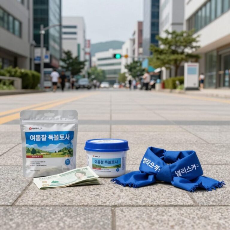 여름철 목쿨토시와 넥쿨러 제품들을 바닥에 펼쳐놓은 사진으로, 아이스 넥쿨러, 쿨링 패키지, 멀티스카프, 쿨목토시가 함께 보인다.