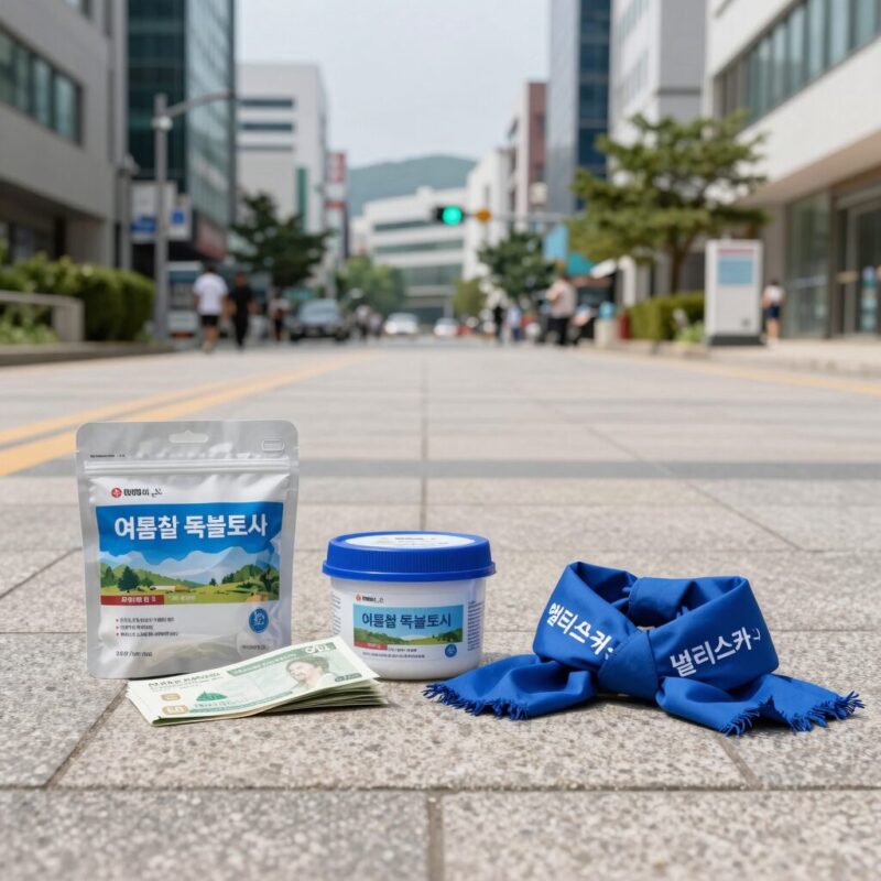 여름 목쿨토시 3종 사용 후기와 선택 팁 1 여름철 목쿨토시와 넥쿨러 제품들을 바닥에 펼쳐놓은 사진으로, 아이스 넥쿨러, 쿨링 패키지, 멀티스카프, 쿨목토시가 함께 보인다.