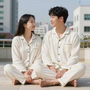 모시 잠옷 세트를 차려입고 편안하게 쉬는 모습