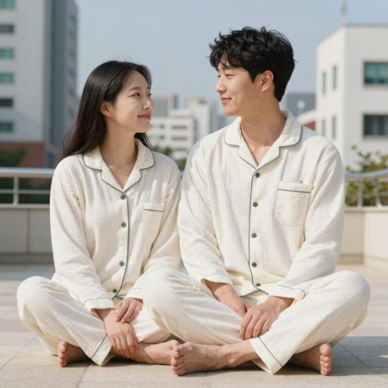 모시 잠옷 세트를 차려입고 편안하게 쉬는 모습