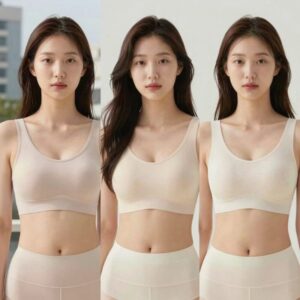 3가지 종류의 여름용 탑브라를 나란히 비교한 사진. 왼쪽부터 노와이어 캐미솔, 볼륨업 브라캐미솔, 심리스 탑브라