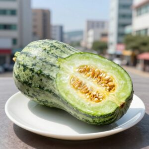7월 제철과일 수박 한 조각이 접시에 놓여 있다.