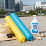 여름휴가 필수품인 튜브와 모기기피제를 함께 준비한 사진