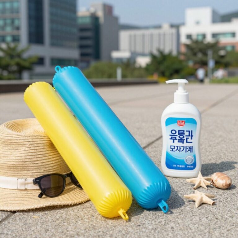 여름휴가 필수품인 튜브와 모기기피제를 함께 준비한 사진