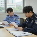 검사와 경찰이 함께 테이블 위에 놓인 서류와 증거를 검토하며 보완수사권에 대해 논의하는 장면