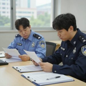 검사와 경찰이 함께 테이블 위에 놓인 서류와 증거를 검토하며 보완수사권에 대해 논의하는 장면