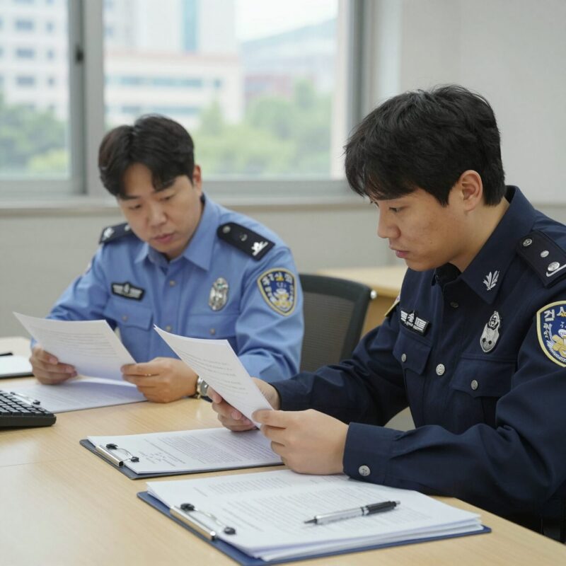 검사와 경찰이 함께 테이블 위에 놓인 서류와 증거를 검토하며 보완수사권에 대해 논의하는 장면