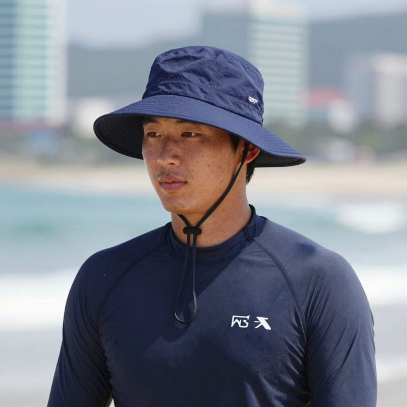 여름 필수 UV차단 서핑햇 추천과 활용법 1 네이비색 서프퍼 서핑햇을 착용한 모습, 넓은 챙과 턱끈이 보임