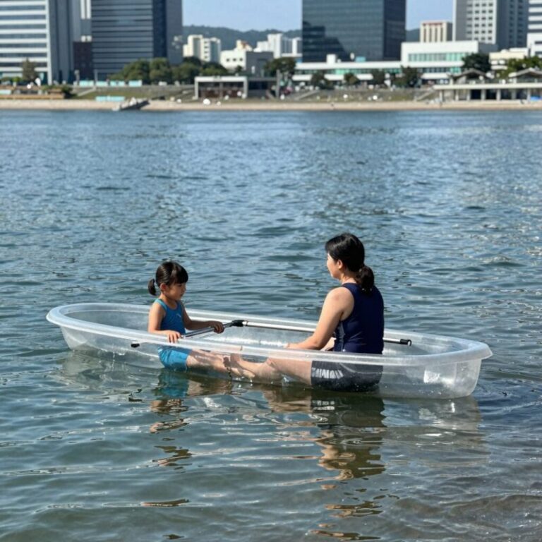 스윔어바웃 투명 보트에 아이가 누워서 물속을 바라보는 모습