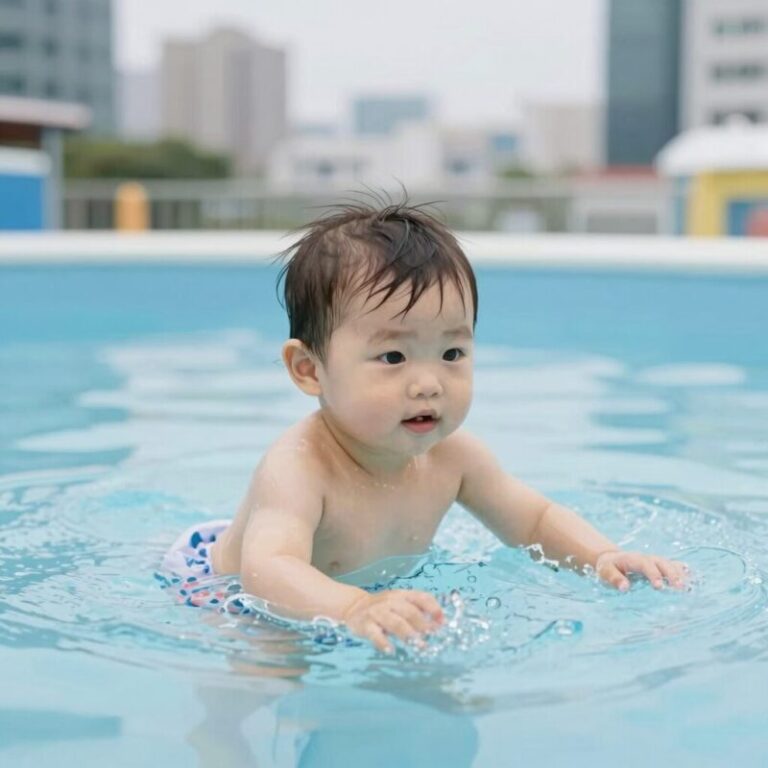 스윔비튜브 2단계를 착용한 아기가 물놀이 중 편안하게 떠 있는 모습