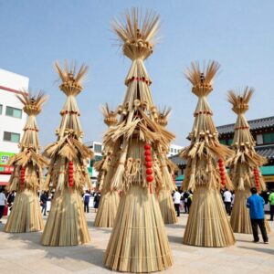 일본 칠석 타나바타 축제에서 볼 수 있는 7가지 장식 모음. 탄자쿠, 후키나가시 등이 대나무에 매달려 있다.