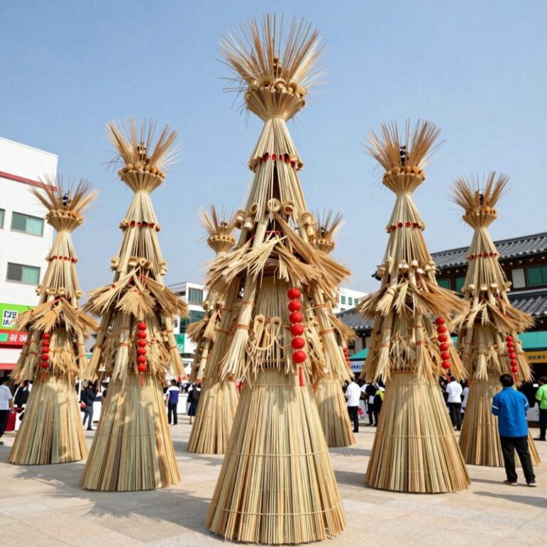 일본 칠석 타나바타 축제에서 볼 수 있는 7가지 장식 모음. 탄자쿠, 후키나가시 등이 대나무에 매달려 있다.