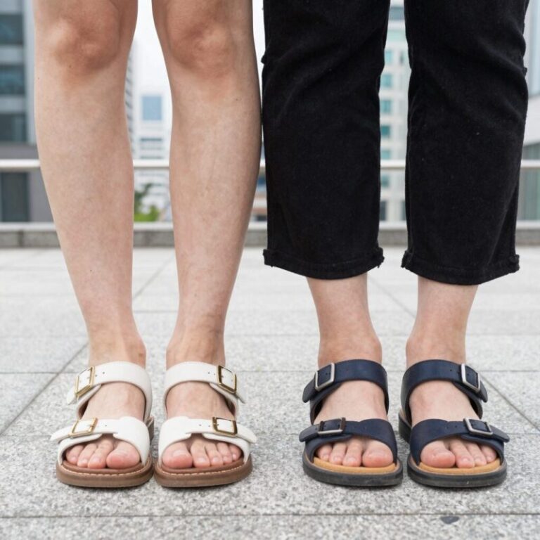 텐디 여성 샌들 소가죽과 양가죽 비교 착용샷