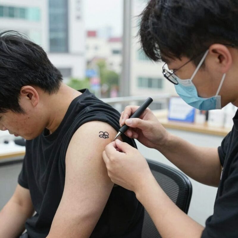 문신스티커 부담 없이 스타일링 1 문신스티커를 팔에 붙이는 과정을 보여주는 사진