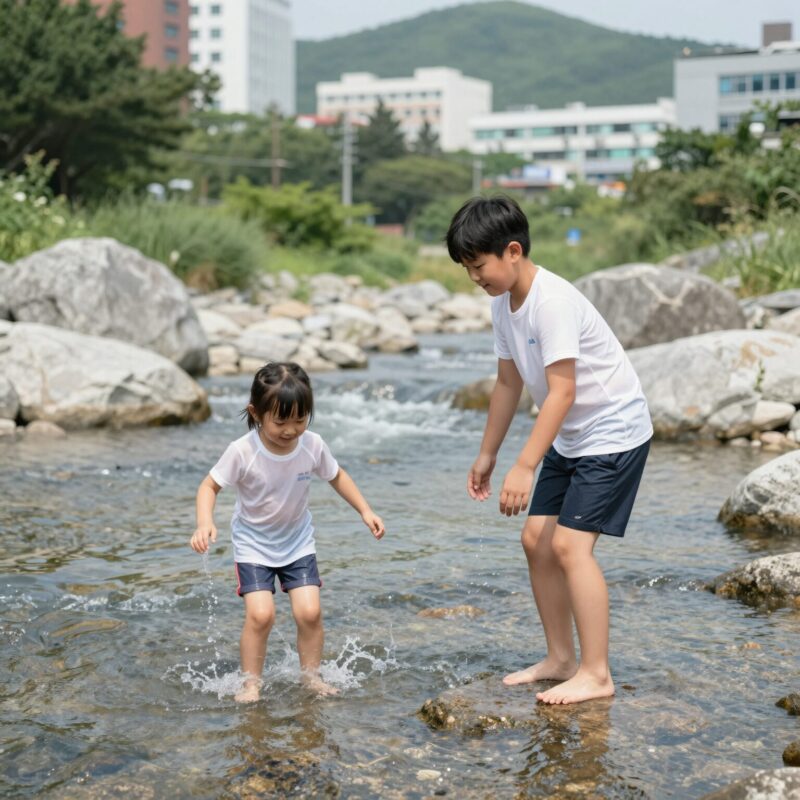탑텐키즈래쉬가드 여름 물놀이옷 준비 끝 1 아이가 탑텐키즈 메쉬 레이어드 T와 타슬란 쇼츠를 입고 계곡에서 즐겁게 물장구치는 모습