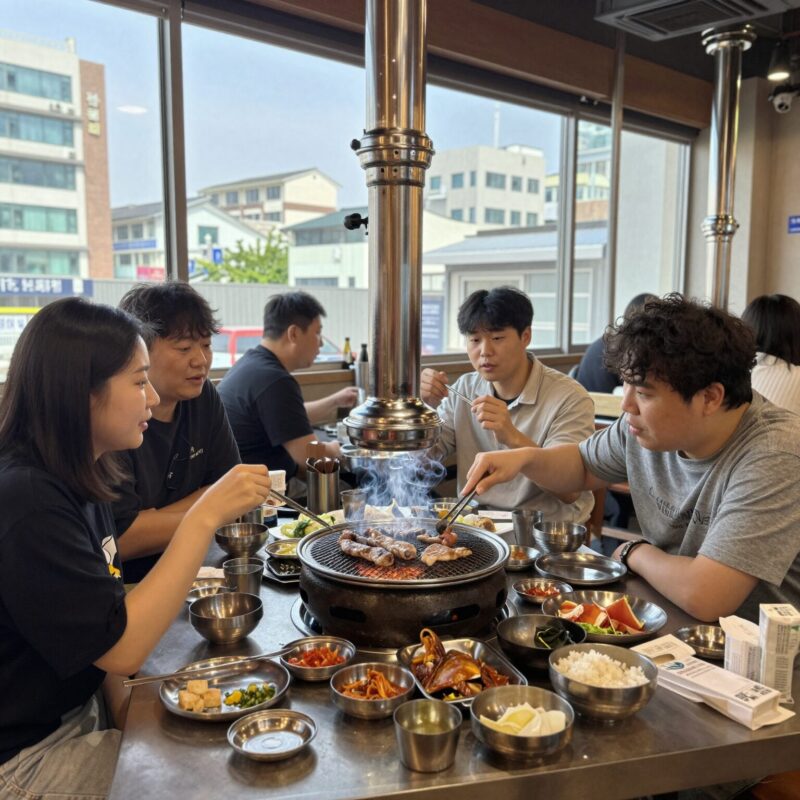 객실 내 실내 바베큐장에서 고기를 굽는 모습